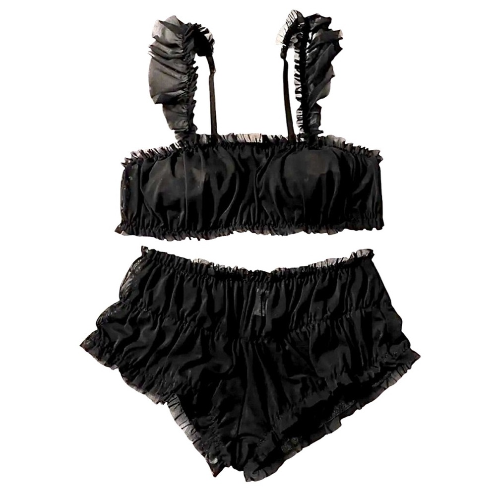 Sexy Black Ruffle Lingerie Set Bralette & Panties Stretch Elastic Sz Medium NEW